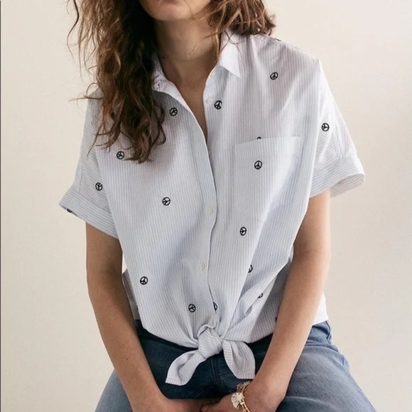 Madewell Peace Sign Embroidered Blue Stripe Short Sleeve Tie Front Top Blouse M - Picture 3 of 7